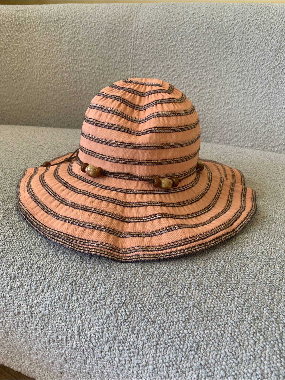 Beaded Sandpiper Peach Sun Hat with Striped Trim